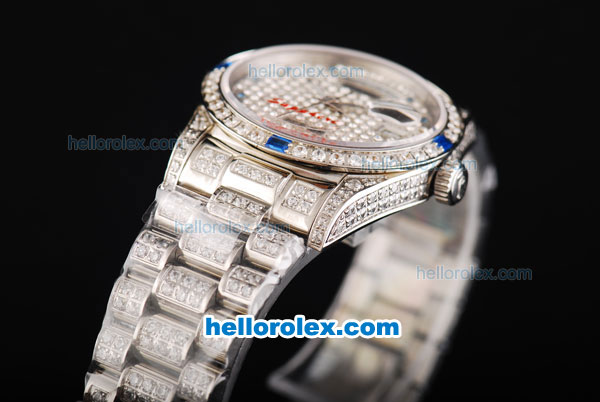 Rolex Day Date Swiss ETA 2836 Automatic Movement Full Steel with Full Diamond and Blue Diamond Markers - Click Image to Close